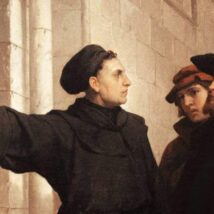 Detalhe de pintura de Ferdinand Pauwels mostrando o momento em que Lutero afixou as 95 teses na porta da igreja em Wittemberg. Imagem referente a matéria